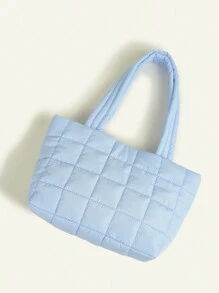 1pc Soft Plaid Quilted Children's Lightweight Shoulder Tote Bag, Handheld - Baby Blue - View 6