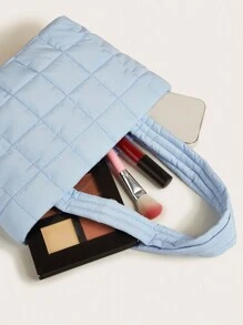 1pc Soft Plaid Quilted Children's Lightweight Shoulder Tote Bag, Handheld - Baby Blue - View 7