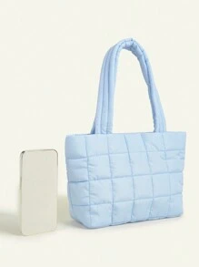 1pc Soft Plaid Quilted Children's Lightweight Shoulder Tote Bag, Handheld - Baby Blue - View 5