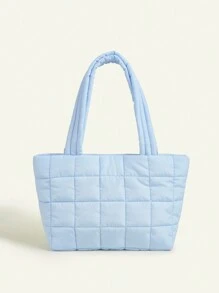 1pc Soft Plaid Quilted Children's Lightweight Shoulder Tote Bag, Handheld - Baby Blue - View 3