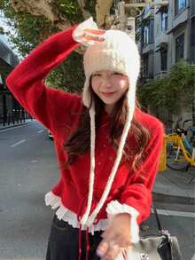 针织毛衣，正面饰有荷叶边，长袖衬衫，甜美设计，适合新年