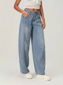 Womens Barrel Jeans Fashion Mid Rise Wide Leg Loose Denim Pants Baggy Trousers With Pockets - Light Wash - View 3
