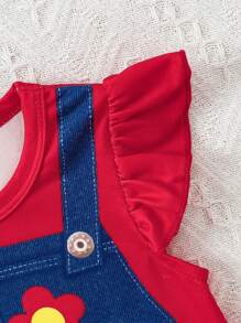 Baby Girl Insect & Flower Print Crew Neck Short Cap Sleeve Dress - Red - View 4