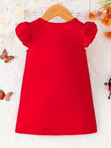 Baby Girl Insect & Flower Print Crew Neck Short Cap Sleeve Dress - Red - View 2