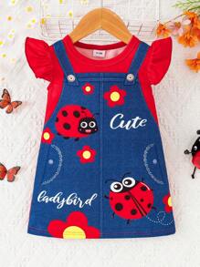 Baby Girl Insect & Flower Print Crew Neck Short Cap Sleeve Dress - Red - View 1