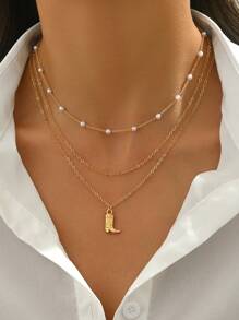 精致女士多层吊坠项链，西式靴子吊坠女士珠宝，饰有人造珍珠，适合女性日常佩戴（手工链条按尺寸切割，珍珠数量可变，水钻尺寸可变） - 金色 - 查看 6