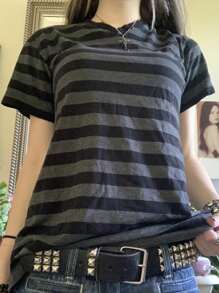 Women Y2k Fairy Grunge Striped Shirt Top Vintage Shorts Sleeve V Neck Goth Loose Fit T-Shirts Emo Gothic E-Girl Oversized Tees Tops Aesthetic Clothes Streetwear - Màu xanh bụi bặm - Xem 1