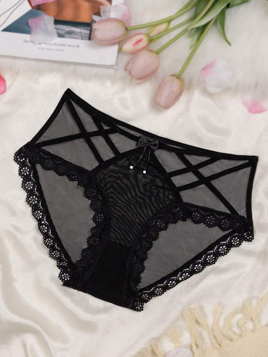 1 件女士蕾丝蜜桃臀无缝镂空透明网眼蝴蝶珍珠性感内衣内裤
