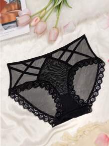 1 件女士蕾丝蜜桃臀无缝镂空透明网眼蝴蝶珍珠性感内衣内裤