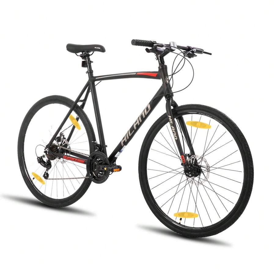 HILAND Clifford 700C Adult Road Hybrid Bike With Shimano 21-Speed Drivetrain, 28 Inch City Commuter Bicycle With Aluminum Frame & Dual Disc Brakes For Men & Women, Black/Silver/Rusty Rose - 黑色 - 查看 1
