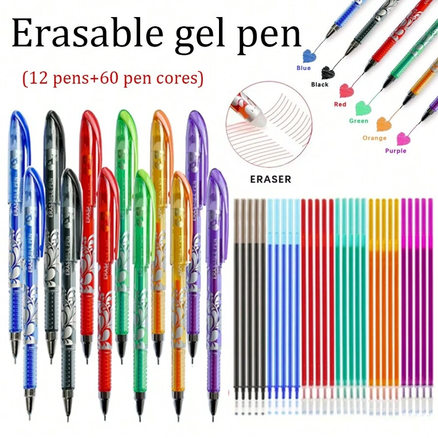 72支/套全新彩色可擦凝胶中性笔，0.5mm填充条神奇可洗手柄，适合日常书写办公书写文具用品（12支笔+72支笔芯）