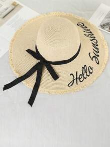 Polyester Wide Brim Sun Hat For Women, Casual Beach Straw Hat With Bowknot & Letter Decor, Fashionable Elegant Bohemian Style, Suitable For Spring & Summer