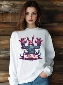Women Cool Cartoon Style Rabbit Thorn Fence Cactus T-Shirt Fashion Print Long Sleeve Round-Neck Loose Fit Tops Streetwear