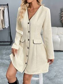 Women's Apricot Long Sleeve Short Dress, Bust Design Fitted, X-Shaped Cut, Suitable For Daily Wear, Dates And Gatherings, Autumn/Winter - Light Apricot - View 9