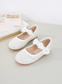 时尚可爱女孩闪亮派对舞鞋，闪亮公主平底鞋，女孩高端时尚闪亮钩环派对婚礼舞蹈平底鞋 - 白色 - 查看 3