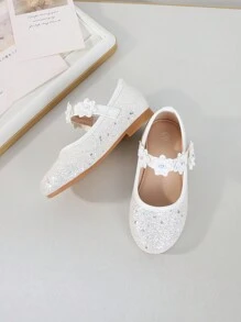 时尚可爱女孩闪亮派对舞鞋，闪亮公主平底鞋，女孩高端时尚闪亮钩环派对婚礼舞蹈平底鞋 - 白色 - 查看 2