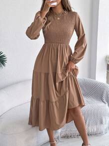 Đầm midi cổ tròn tay loe viền bèo nhún thanh lịch cho nữ, màu trơn, mùa xuân và thu - Màu Khaki - Xem 1
