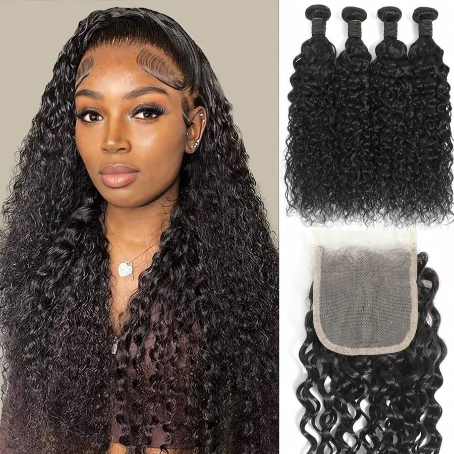 YESLESTM Water Wave 3 Bundles With Closure (20 22 24+18) Brazilian Virgin Human Hair 100% Unprocessed Ocean Wave Curly Hair 3 Bundles With 4x4 Lace Closure With Baby Hair Free Part Natural Color