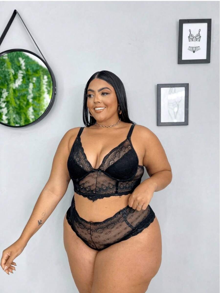 Plus Size Bra & Panty Sets - Black - View 1