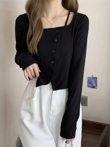 Women Asymmetrical Design Oblique Button Crop Short Sleeve T-Shirt, Stylish And Slim Fit,Autumn