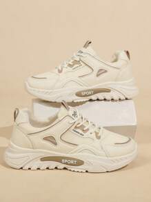 女式网眼厚底厚底运动鞋，休闲白色鞋子，适合跑步，个性化运动休闲鞋，透气网眼，防滑橡胶鞋底，时尚，适合苗条身材，建议订购大一码 - 米色 - 查看 3