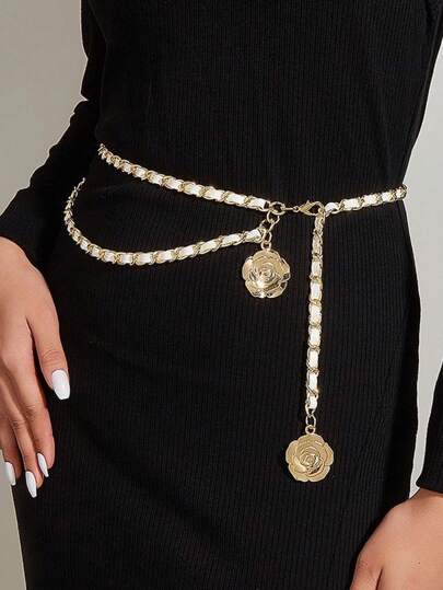 3つのツバキの花のペンダント付き調整可能なメタルウエストチェーン、レディースファッションアクセサリー、バレンタインデーのギフト