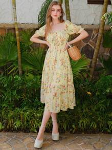 Women's Floral Print Ruffle Short Sleeve Mini Dress