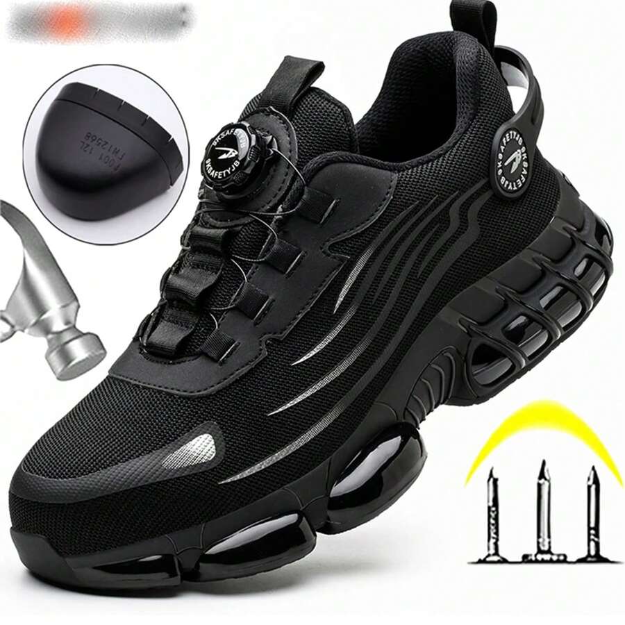男女通用旋转纽扣舒适工作鞋，防压防刺穿，轻便透气工作鞋，男女劳保鞋 - 黑灰色 - 查看 1