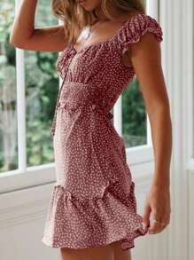 Women's Summer Ruffle Sleeve Sweetheart Neckline Printed Mini Dress - Red - View 2