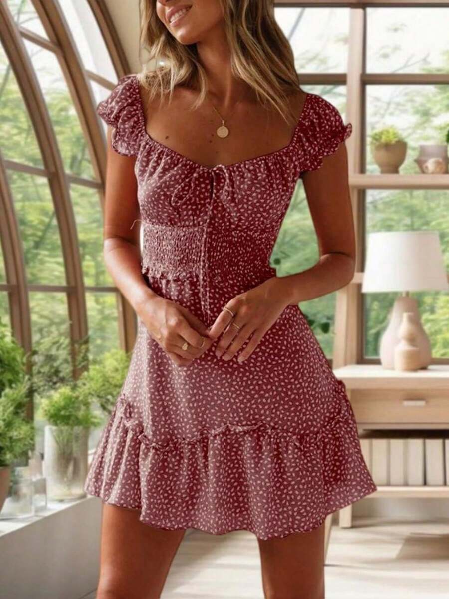 Women's Summer Ruffle Sleeve Sweetheart Neckline Printed Mini Dress - Red - View 1