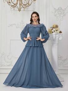 SUPGIR Váy xòe bồng bềnh cổ tròn tay công chúa cho nữ, xếp ly phía trước, váy phù dâu thanh lịch, váy dự tiệc, váy dự tiệc cưới, váy trang trọng, váy dạ hội - Màu xanh bụi bặm - Xem 5