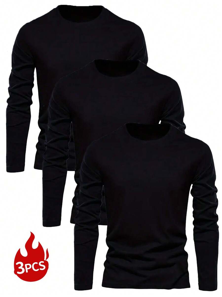 3 Stück/Set Herren Basic einfarbige Crew Neck Slim Fit Langarm T-Shirts, Lässig Alltags Tragen, Frühling/Herbst - Schwarz - Übersicht 1