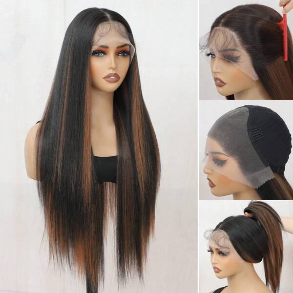 Peluca sintética frontal de encaje HD de 13*4 con cabello lacio, color marrón oscuro resaltado, cabello preplumado con línea de nacimiento natural, de 30 pulgadas de largo, con encaje frontal transparente sintético, con mechón resaltado a rayas, raya libre, de aspecto natural, con cabello de bebé para uso diario y de fiesta para mujeres y niñas.