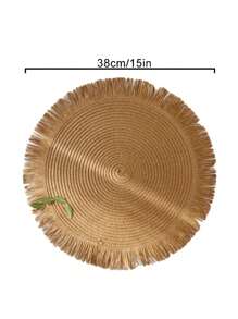 15-Inch Handwoven Straw Round Placemats With Tassel Fringe, Customizable Embroidery Design For Name And Blessing, Suitable For Family Dining, Weddings, Holidays, Parties, Washable And Heat-Insulating, Anti-Slip Table Mat