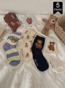 5 Pairs Women's Bear Pattern Mid-Calf Socks, Cute Cartoon Japanese Style Long Tube Socks Suitable For Spring, Summer, Autumn & Winter Daily Wear - Multicolor - View 2
