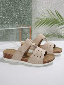 Women's Hollow Rhinestone Decor Flat Sandals, Adjustable Hook And Loop Open Toe Slippers, Summer - Beige - View 7