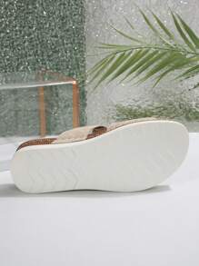 Women's Hollow Rhinestone Decor Flat Sandals, Adjustable Hook And Loop Open Toe Slippers, Summer - Beige - View 8