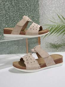 Women's Hollow Rhinestone Decor Flat Sandals, Adjustable Hook And Loop Open Toe Slippers, Summer - Beige - View 6