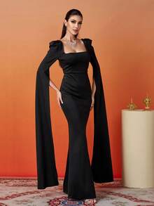 Missord Square Neck Split Sleeve Mermaid Hem Formal Dress Black Elegant Long Sleeve Prom Evening Wedding Guest Gown, For Graduation, Dinner - Black - View 5