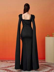 Missord Square Neck Split Sleeve Mermaid Hem Formal Dress Black Elegant Long Sleeve Prom Evening Wedding Guest Gown, For Graduation, Dinner - Black - View 3