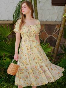 Women's Floral Print Ruffle Short Sleeve Mini Dress
