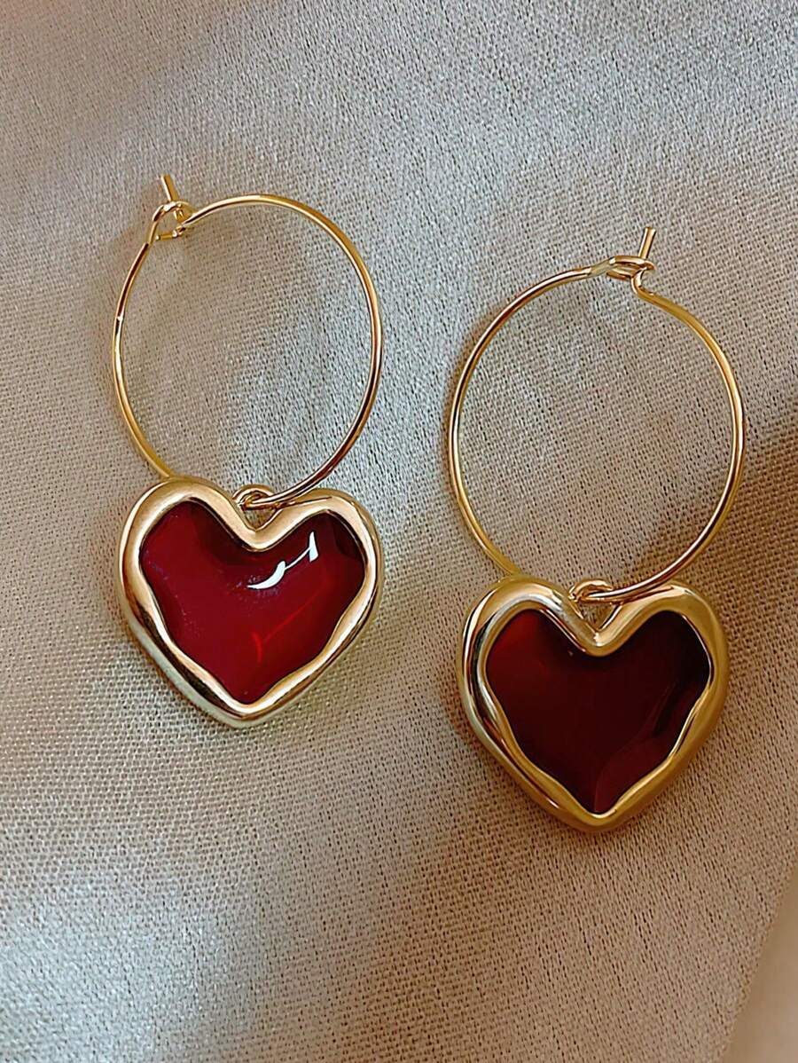 1 Pair Retro Elegant Alloy Burgundy Heart Rhinestone Decorated Women Earrings, Valentine's Or New Year Gift Valentines