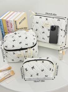 Lovely Polka Dot & Bow Knot Pattern Makeup Bag Large Capacity Quilted Cosmetic Storage Bag With Handle Make Up Organizer Cute Bow Knot Design Makeup Pouch Skincare Bag For Woman Travel Toiletry Bag Small Bow Pencil Case Coin Purse Makeup Bag Set For Wedding Bridesmaid Gift ,Mom Gifts, Birthday Gifts,Gifts For Friends And Teachers, Home Decor, Bathroom Living Room