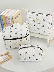 Lovely Polka Dot & Bow Knot Pattern Makeup Bag Large Capacity Quilted Cosmetic Storage Bag With Handle Make Up Organizer Cute Bow Knot Design Makeup Pouch Skincare Bag For Woman Travel Toiletry Bag Small Bow Pencil Case Coin Purse Makeup Bag Set For Wedding Bridesmaid Gift ,Mom Gifts, Birthday Gifts,Gifts For Friends And Teachers, Home Decor, Bathroom Living Room