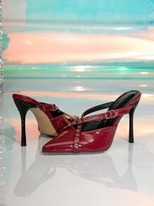 Tacchi alti a punta con borchie e cinturini a croce, color vino rosso, sandali fashion minimalisti e sexy per il lavoro e le uscite