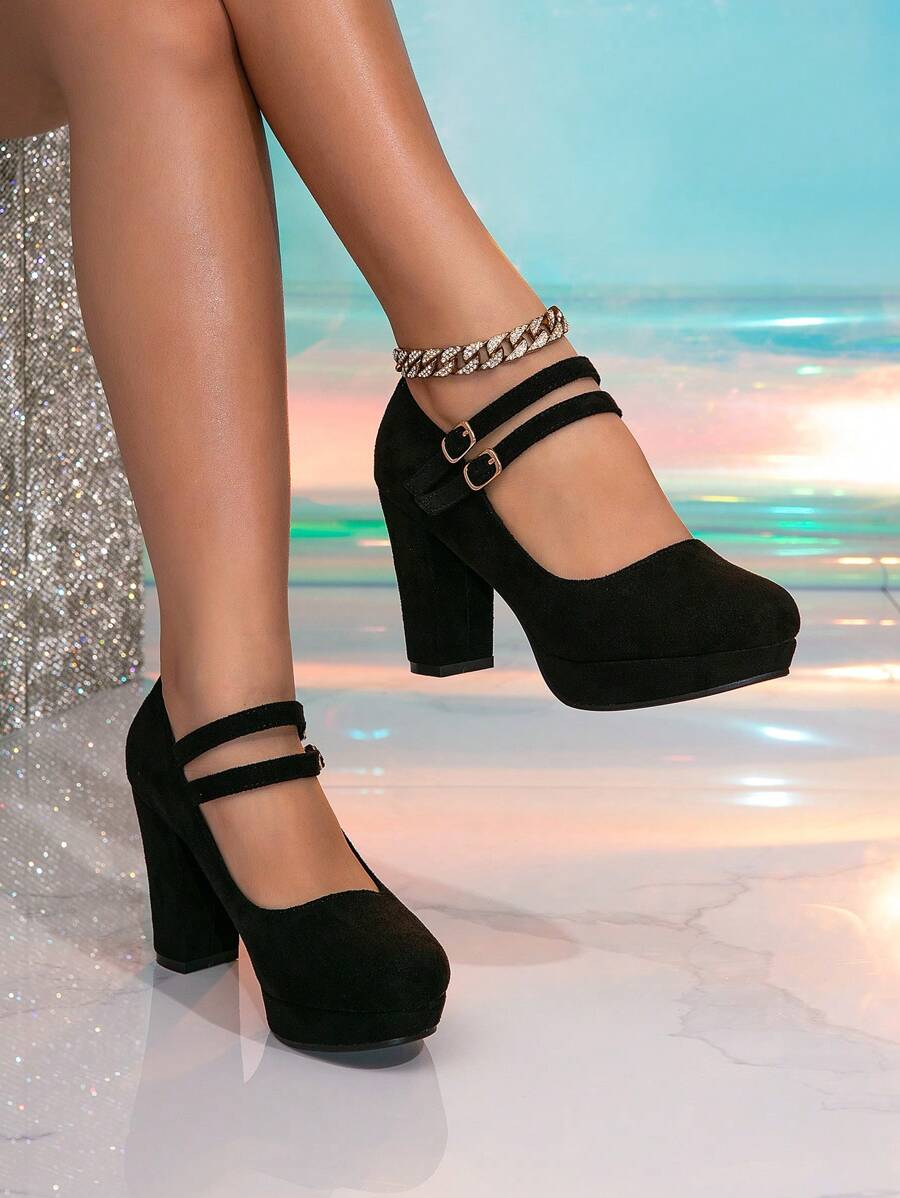 Women's Fashion High Heel Platform Thick Heel Black Pumps, Suitable For All Seasons,Elegant,Mary Jane - Black - View 1