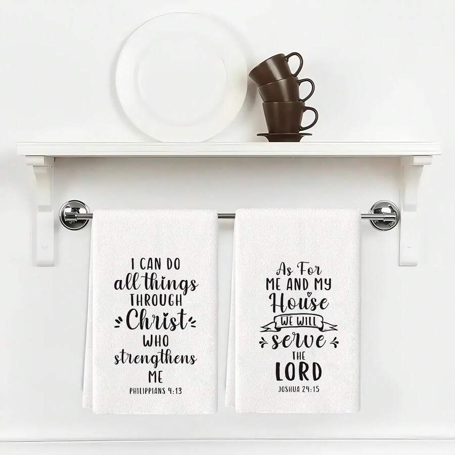 2pcs Christian Kitchen Towels - Dish Cloths With Bible Verse, Modern Religious Inspirational Hand Towels, Machine Washable, Super Soft Fantasy Theme Dish Rags - White - View 1