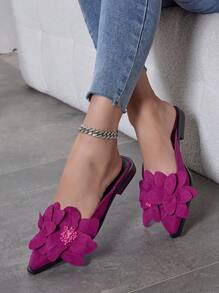 女士时尚仿真花平底便鞋，适合所有季节的穆勒拖鞋，封闭式鞋头 - 玫紅色 - 查看 6