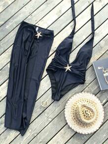 2pcs/Set Summer Beach Swimsuit: Starfish Print Swimsuit And High Slit Maxi Skirt - Black - View 7