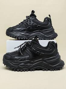 Comfortable Minimalist Stylish Outdoor Walking Casual Shoes, Urban Tie Commuting Fitness Travel Chunky Sneakers, Round Toe Low Top Color Block Versatile Sports Shoes, Perfect Gift For Holidays, Men's